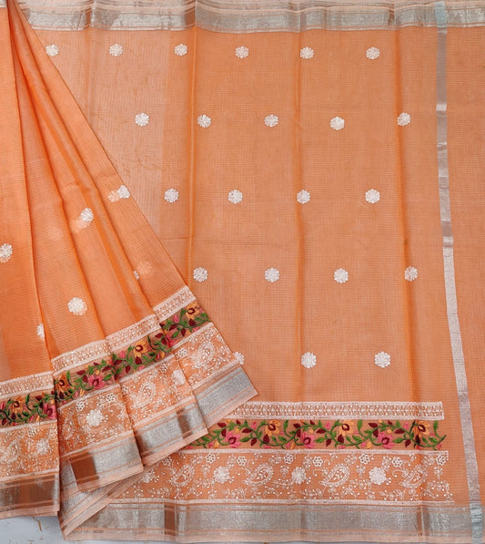 Royal Orange Kota Doria Chickenkari Embroidery Cotton Saree With Running Blouse