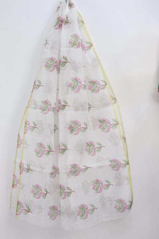 Elegant White Leafy Block Printed Kota Doria Dupatta