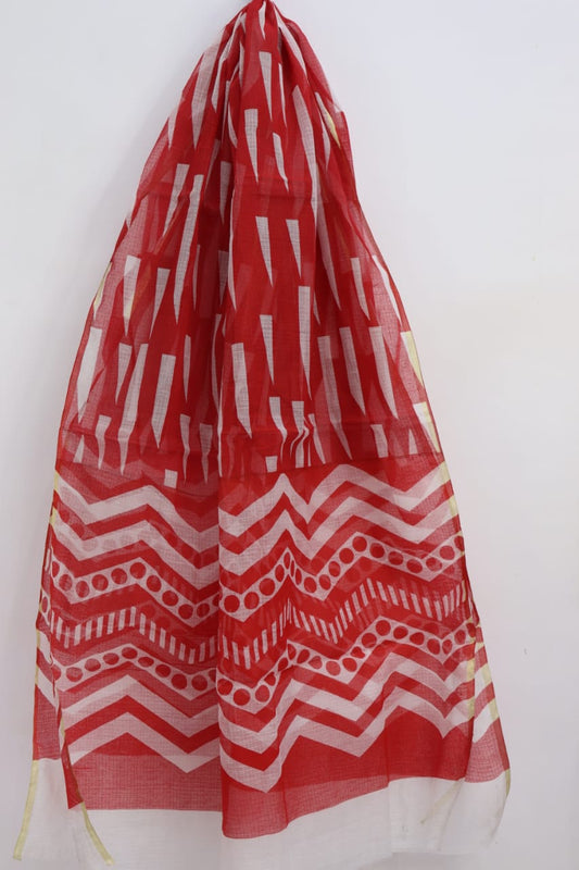 Elegant Red-White Combination Block Printed Kota Doria Dupatta