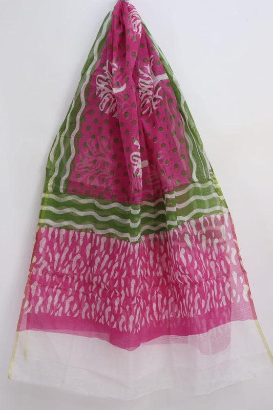 Elegant Pink-Green Combination Block Printed Kota Doria Dupatta
