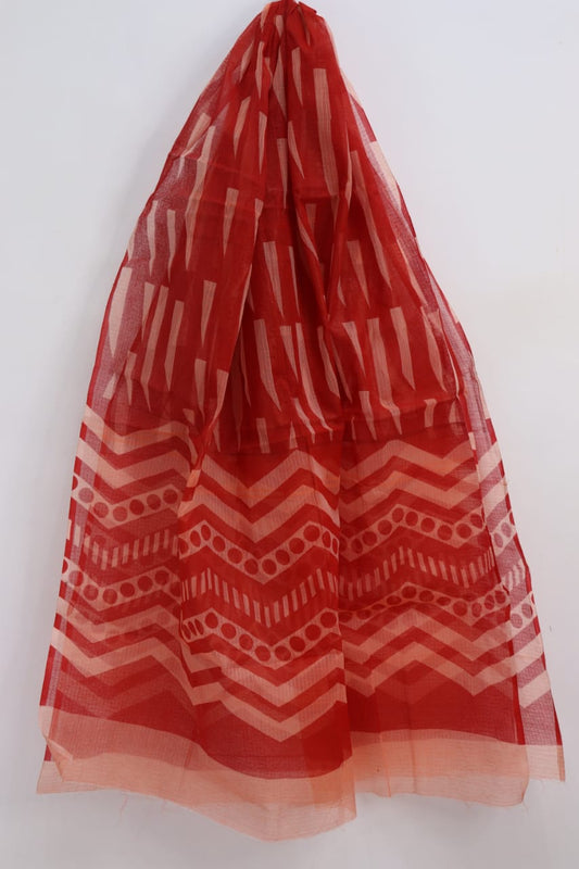 Elegant Red-Peach Combination Block Printed Kota Doria Dupatta