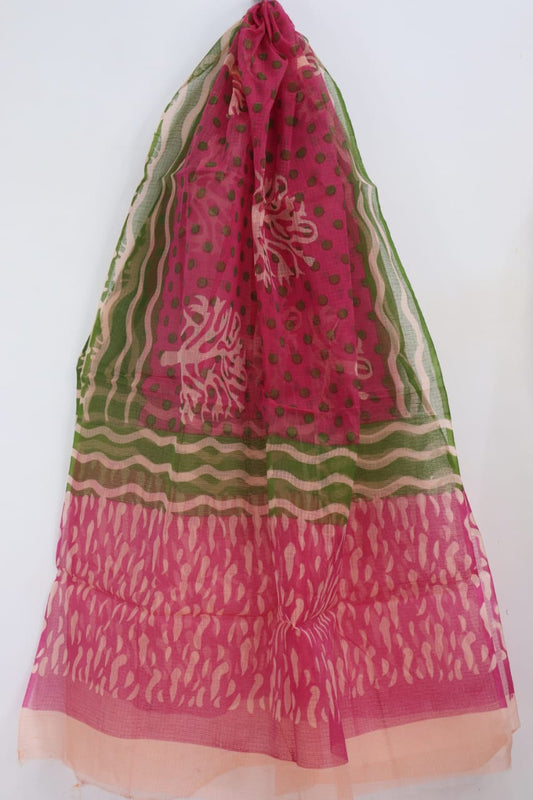 Pretty Pink-Green Combination Block Printed Kota Doria Dupatta