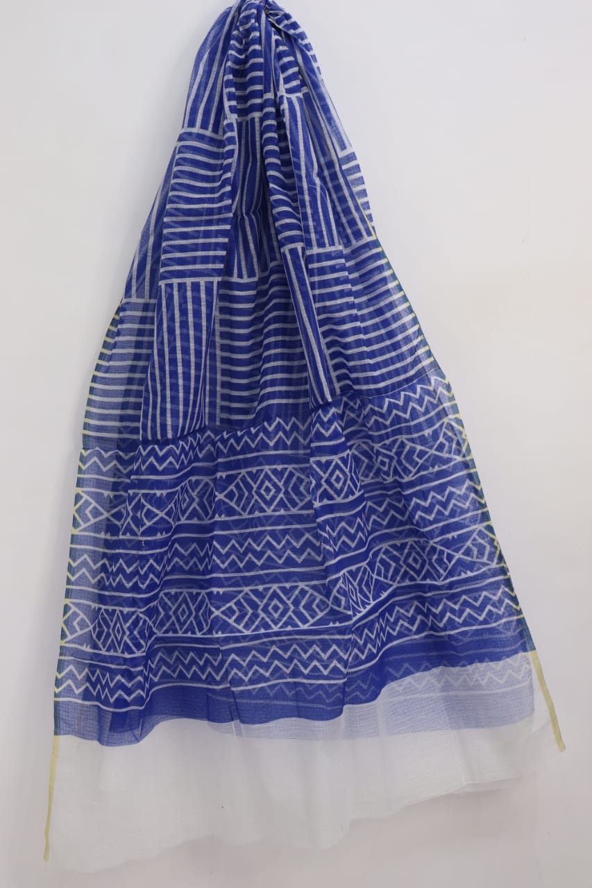 Elegant Blue Striped Block Printed Kota Doria Dupatta – Kotadoriaworld