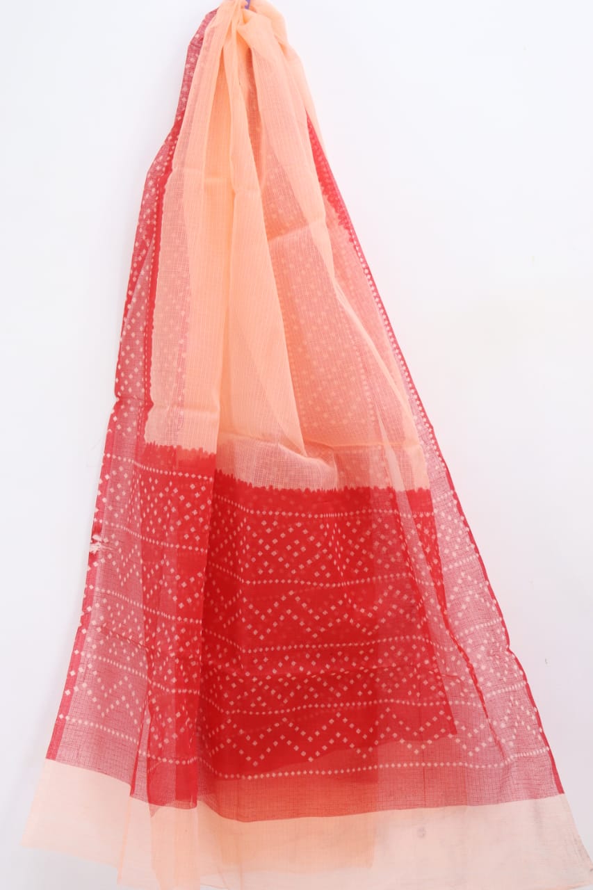 Pretty Combination of Red-Peach Block Printed Kota Doria Dupatta