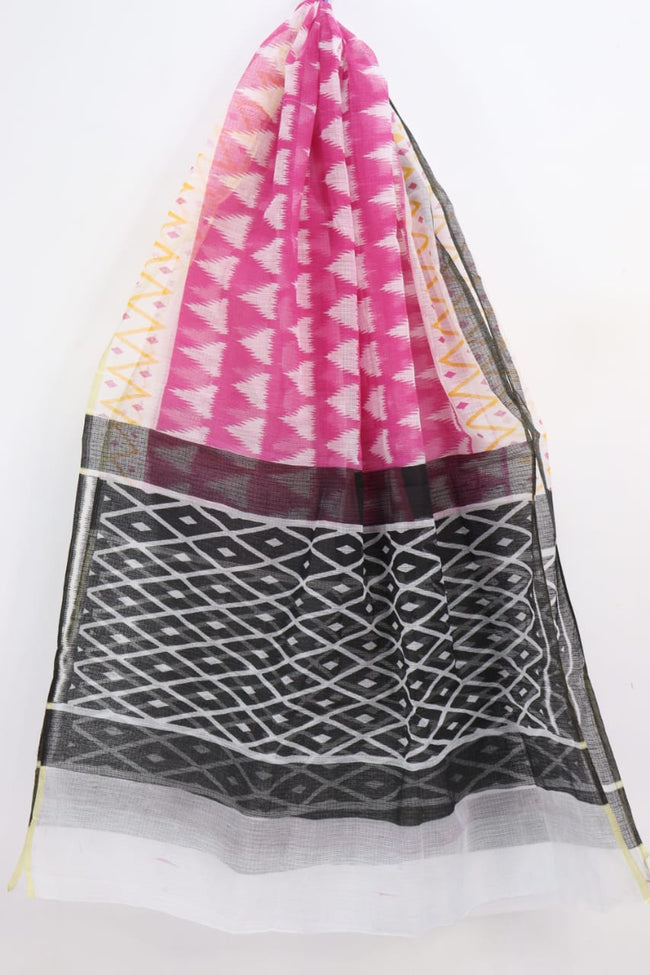 Elegant Combinaton of Pink-Black Block Print Kota Doria Dupatta