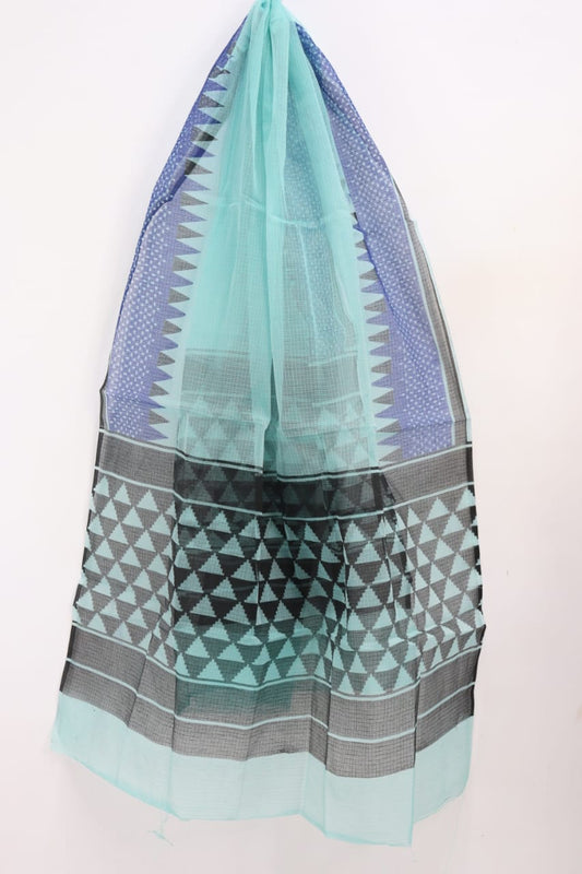 Elegant Combination of Black-Sky Blue Block Printed Kota Doria Dupatta