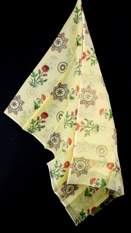 Luxurious Yellow Floral Printed Kota Doria Dupatta