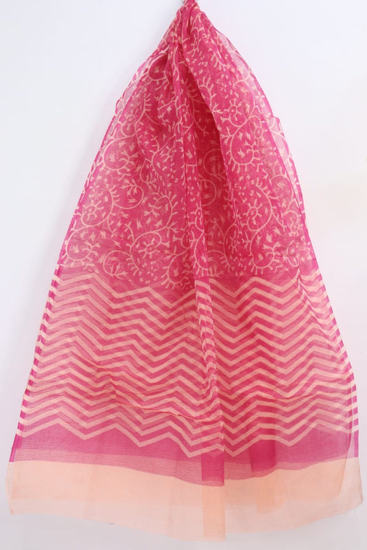 Luxurious Pink Floral Printed Kota Doria Dupatta
