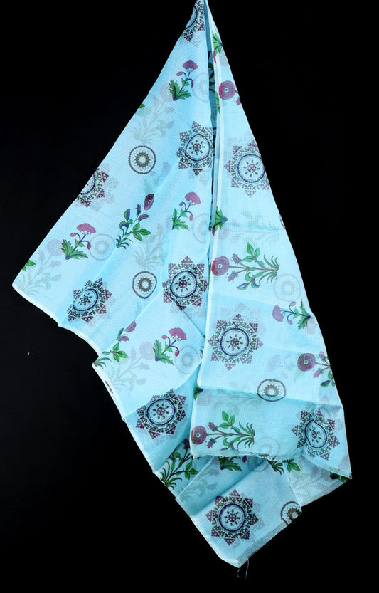 Luxurious Sky Blue Floral Printed Kota Doria Dupatta