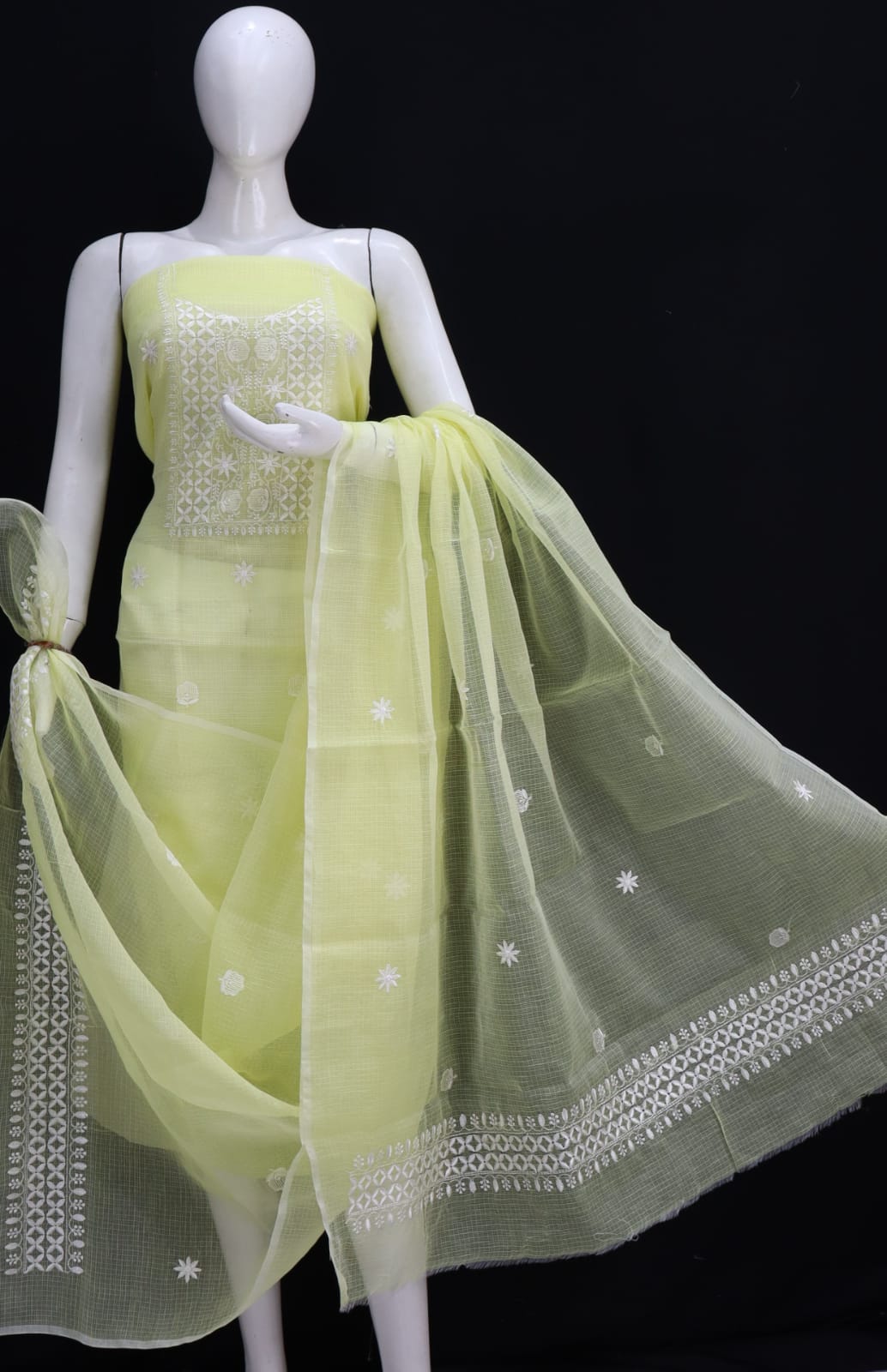 Yellow Base White Thread Chikankari Embroidery Dress Material