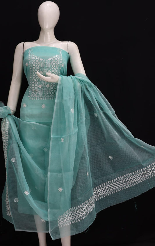 Sea Green Base White Thread Chikankari Embroidery Kota Doria Dress Material