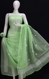 Green Pastel Base White Thread Chikankari Embroidery Kota Doria Dress Material