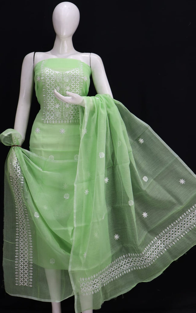 Green Pastel Base White Thread Chikankari Embroidery Kota Doria Dress Material
