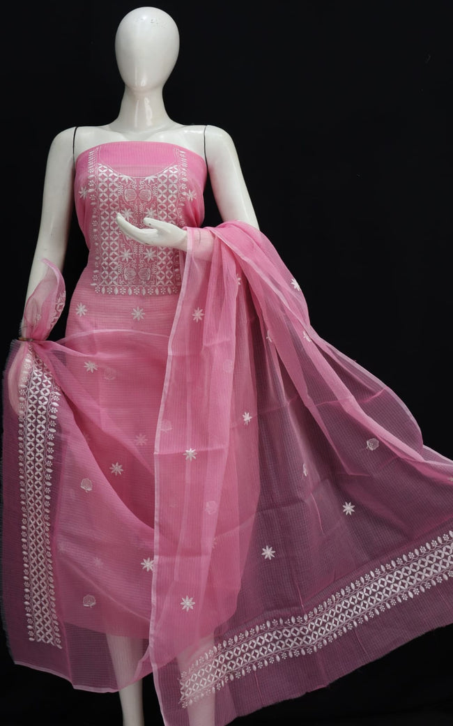 Pink  Base White Thread Chikankari Embroidery Kota Doria Dress Material