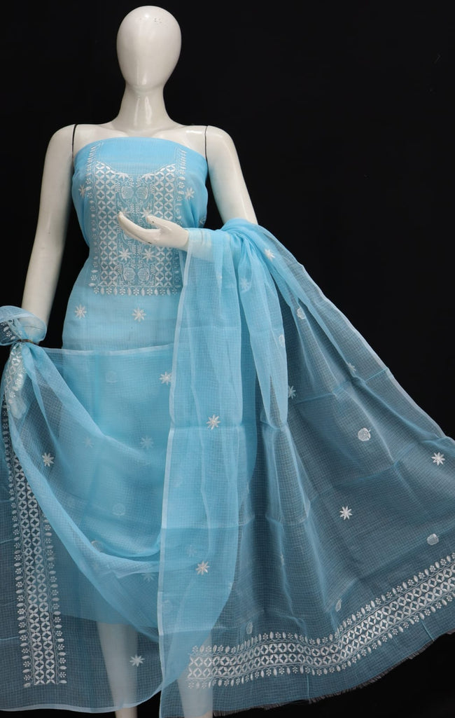 SKy Blue Base White Thread Chikankari Embroidery Kota Doria Dress Material