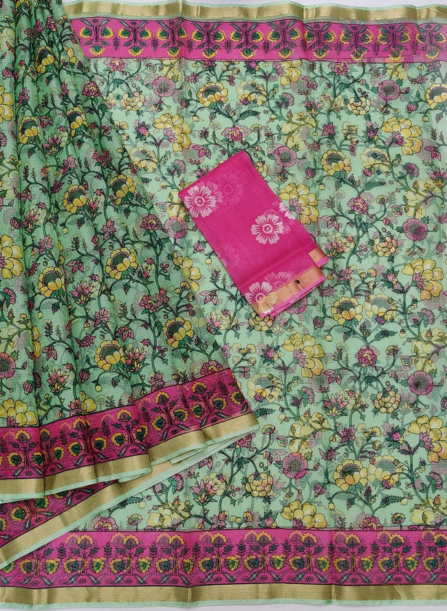 Pure Kota Doria Silk Saree Green Base With Beautiful Floral Print