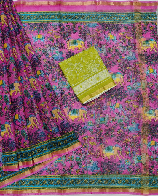 Pure Kota Doria Silk Saree Pink Base With Beautiful Elephant Print