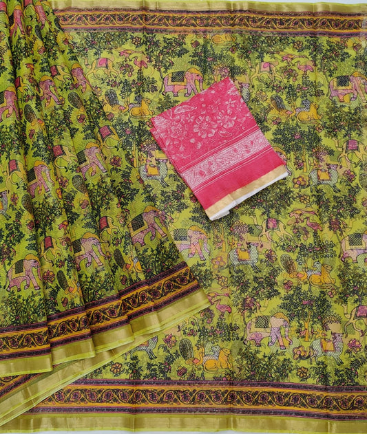 Pure Kota Doria Silk Saree Greeb Base With Beautiful Forest Print