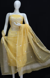 Lemon Base White Thread Chikankari Embroidery Dress Material