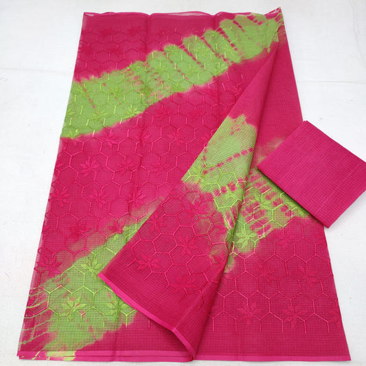 PURE Kota Doria Saree With Dye And Chikankari Embroidery