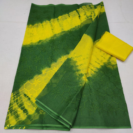 PURE Kota Doria Saree With Dye And Chikankari Embroidery