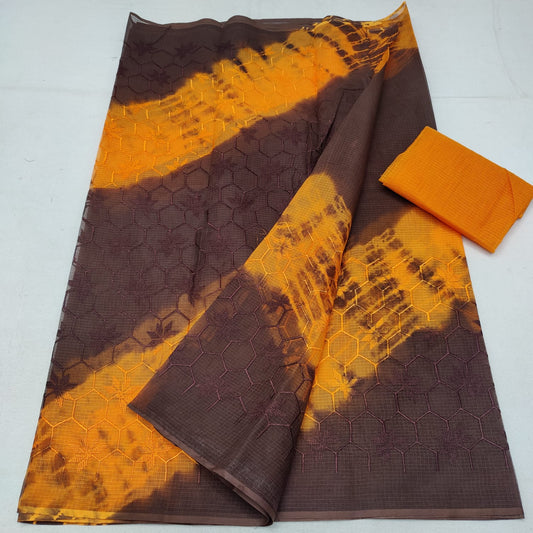PURE Kota Doria Saree With Dye And Chikankari Embroidery